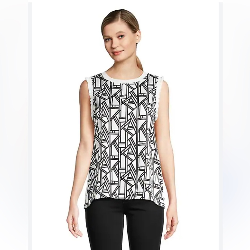 Karl Lagerfeld Paris Geometric Print Ruffle Trim Sleeveless Top Size L